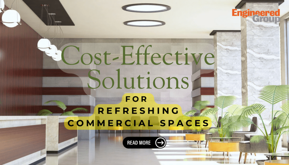Modern office lobby with plants and seating, and "Cost-Effective Solutions for Refreshing Commercial Spaces," highlighted with a button "Read More" below.